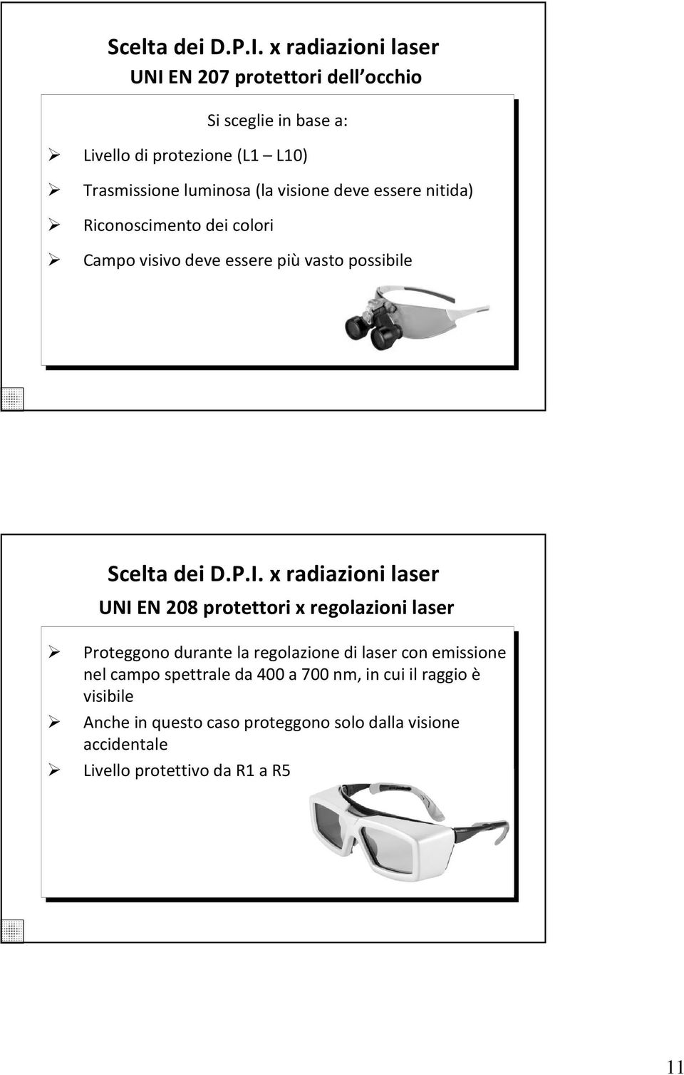 visione deve essere nitida) Riconoscimento dei colori Campo visivo deve essere più vasto possibile  x radiazioni laser UNI EN 208