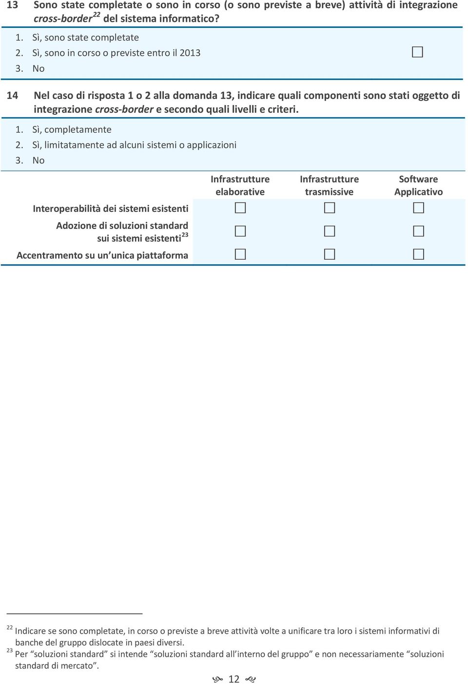 No 14 Nel caso di risposta 1 o 2 alla domanda 13, indicare quali componenti sono stati oggetto di integrazione cross-border e secondo quali livelli e criteri. 1. Sì, completamente 2.