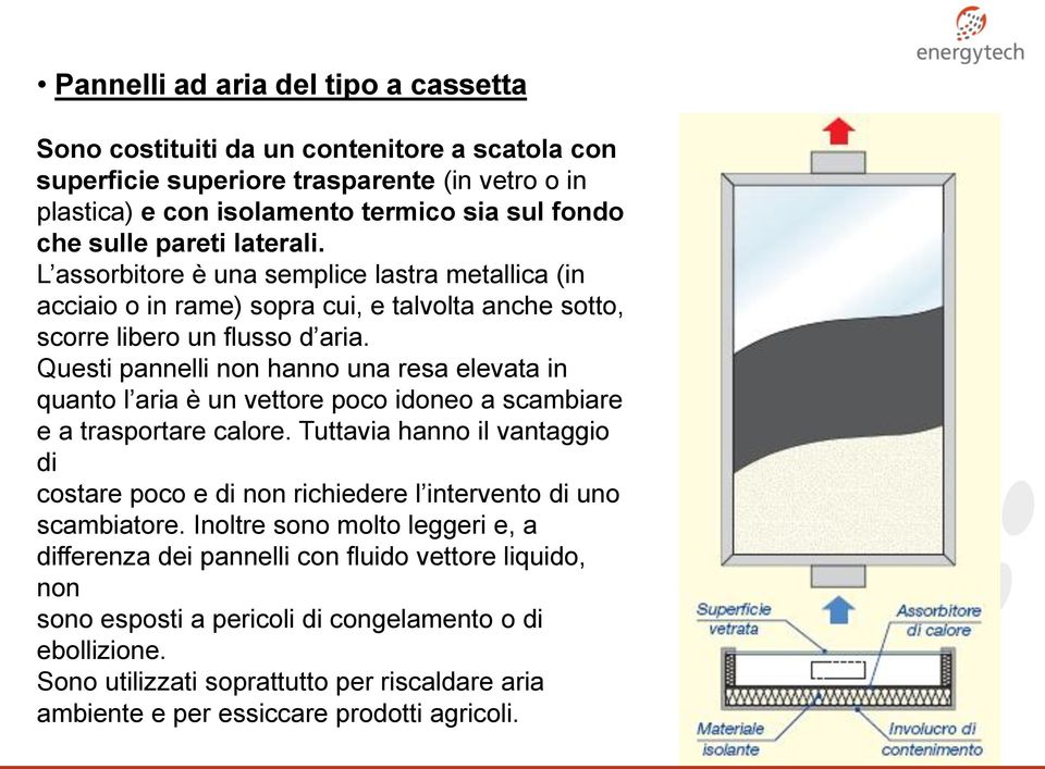 Questi pannelli non hanno una resa elevata in quanto l aria è un vettore poco idoneo a scambiare e a trasportare calore.