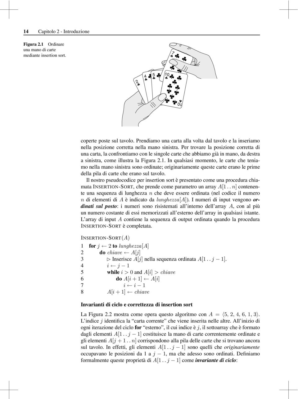 Per trovare la posizione corretta di una carta, la confrontiamo con le singole carte che abbiamo già in mano, da destra a sinistra, come illustra la Figura 2.1.