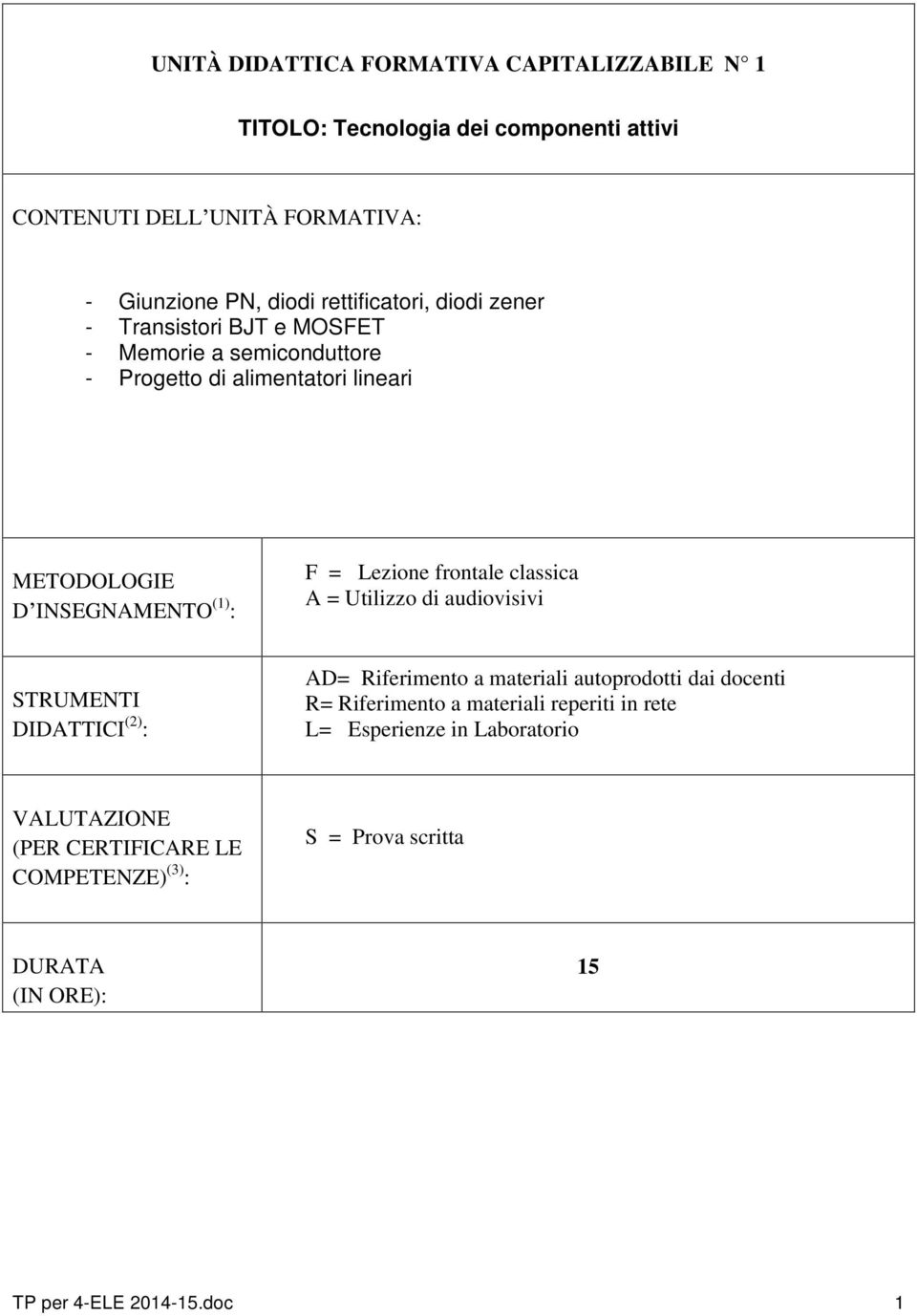 alimentatori lineari F = Lezione frontale classica A = Utilizzo di audiovisivi AD= Riferimento a materiali