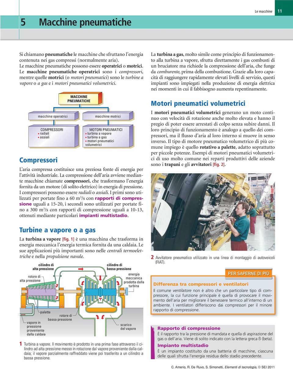 Le macchine pneumatiche operatrici sono i compressori, mentre quelle motrici (o motori pneumatici) sono le turbine a vapore o a gas e i motori pneumatici volumetrici.