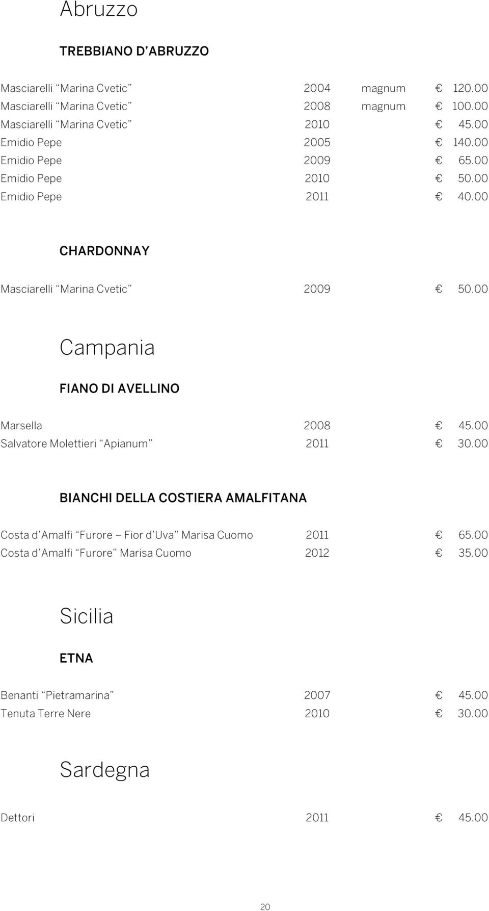 00 Campania FIANO DI AVELLINO Marsella 2008 45.00 Salvatore Molettieri Apianum 2011 30.