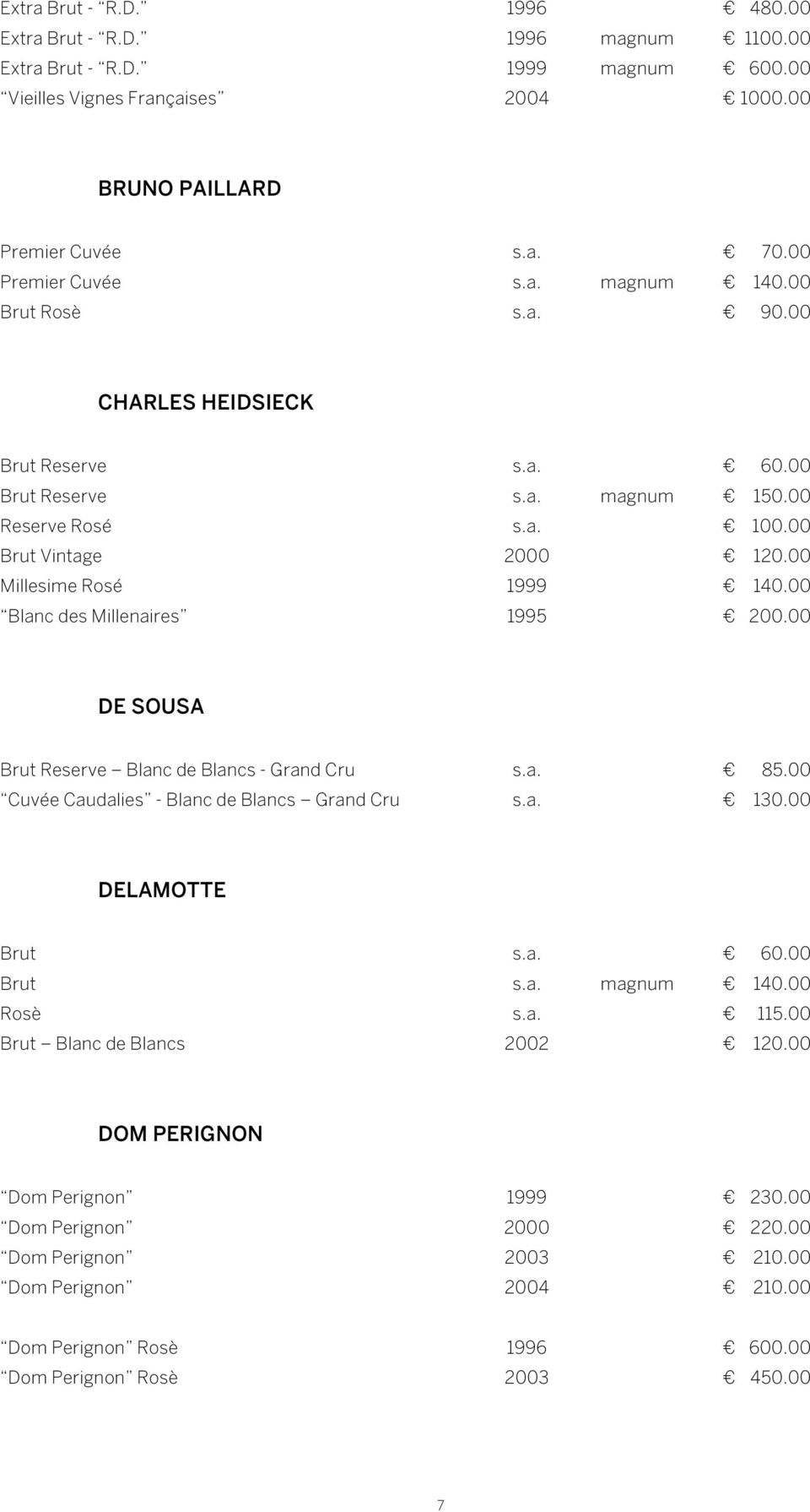 00 Millesime Rosé 1999 140.00 Blanc des Millenaires 1995 200.00 DE SOUSA Brut Reserve Blanc de Blancs - Grand Cru s.a. 85.00 Cuvée Caudalies - Blanc de Blancs Grand Cru s.a. 130.00 DELAMOTTE Brut s.a. 60.