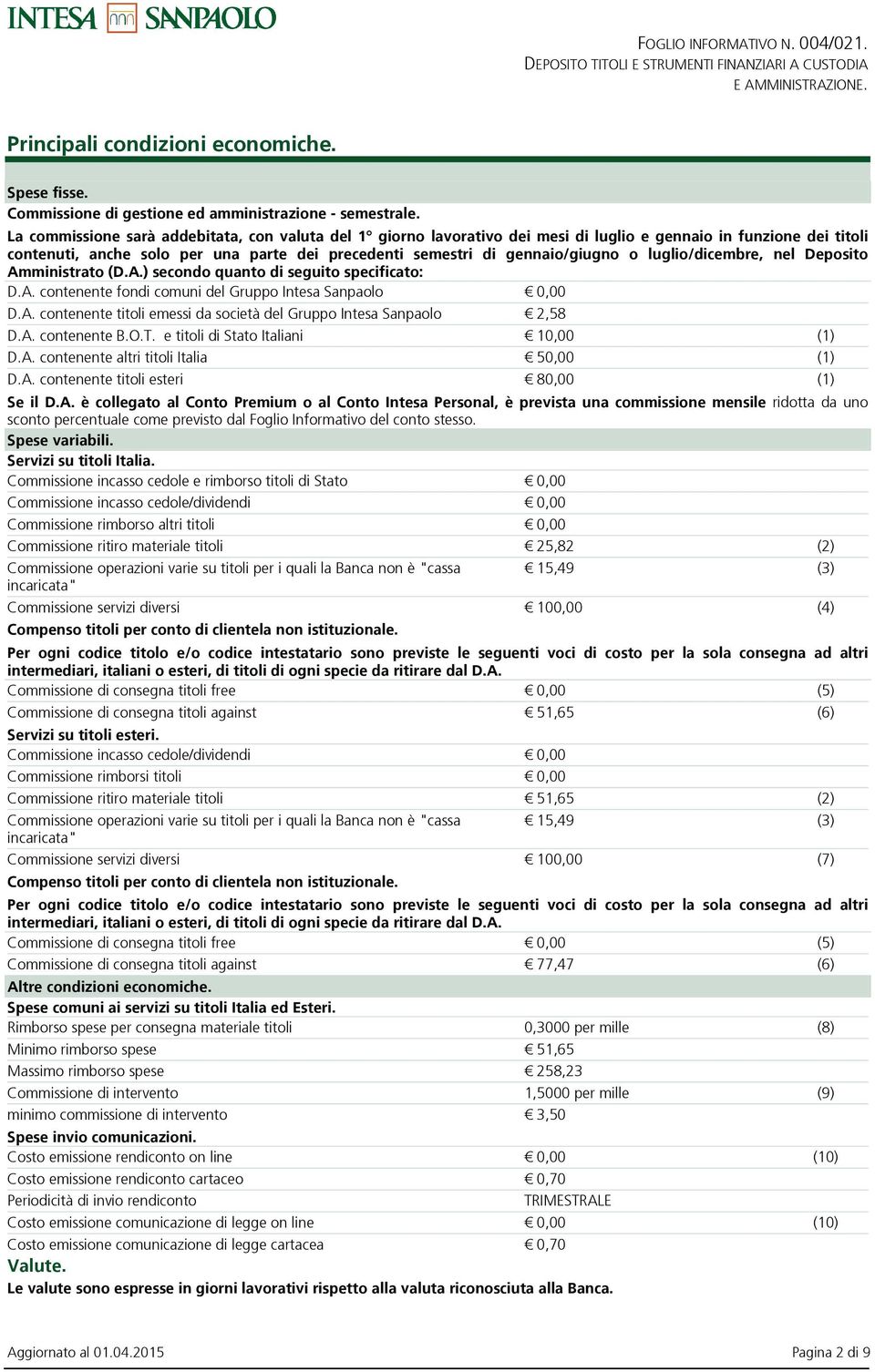 luglio/dicembre, nel Deposito Amministrato (D.A.) secondo quanto di seguito specificato: D.A. contenente fondi comuni del Gruppo Intesa Sanpaolo 0,00 D.A. contenente titoli emessi da società del Gruppo Intesa Sanpaolo 2,58 D.