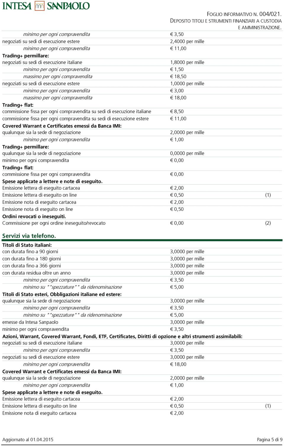 italiane 8,50 commissione fissa per ogni compravendita su sedi di esecuzione estere 11,00 Covered Warrant e Certificates emessi da Banca IMI: 2,0000 per mille minimo per ogni compravendita 1,00