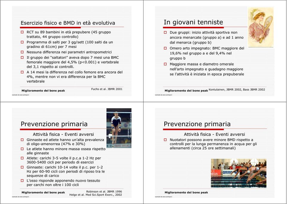 A 14 mesi la differenza nel collo femore era ancora del 4%, mentre non vi era differenza per la BMC vertebrale Due gruppi: inizio attività sportiva non ancora menarcate (gruppo a) e ad 1 anno dal