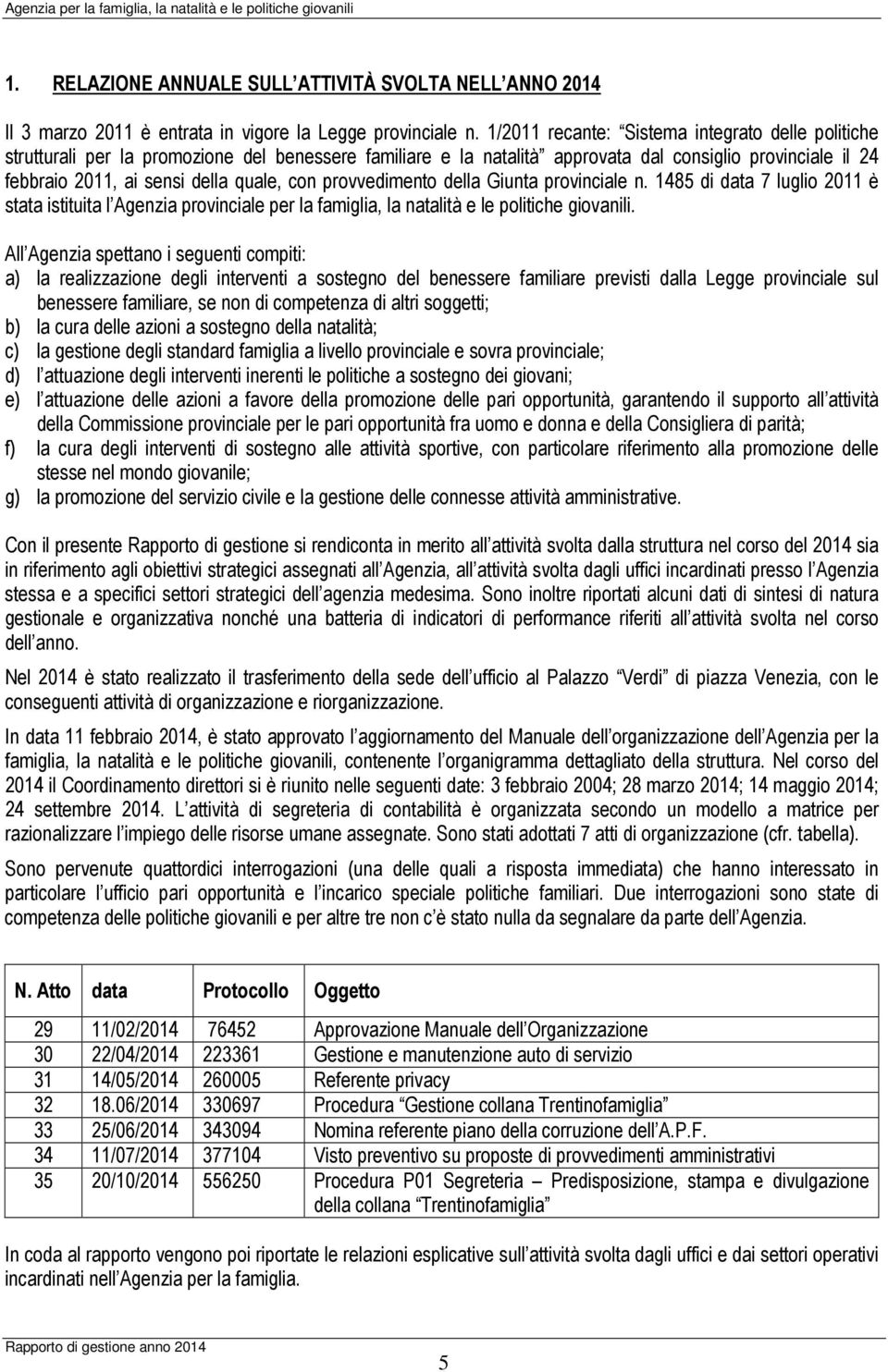 con provvedimento della Giunta provinciale n. 1485 di data 7 luglio 2011 è stata istituita l Agenzia provinciale per la famiglia, la natalità e le politiche giovanili.