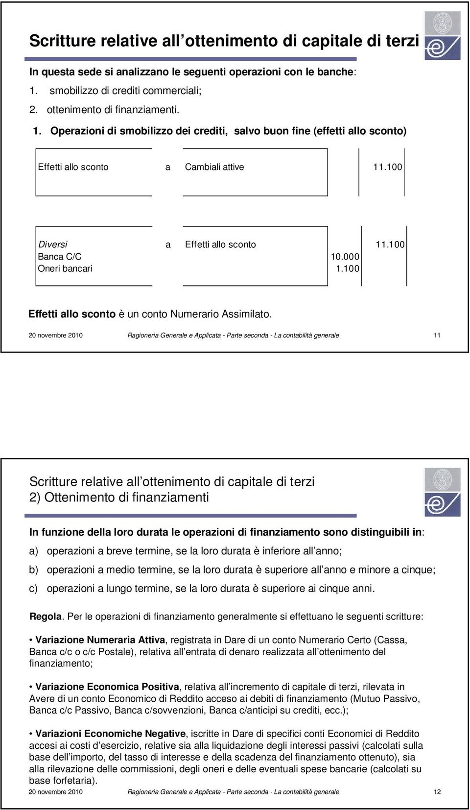 20 novembre 2010 Ragioneria Generale e Applicata - Parte seconda - La contabilità generale 11 Scritture relative all ottenimento di capitale di terzi 2) Ottenimento di finanziamenti In funzione della