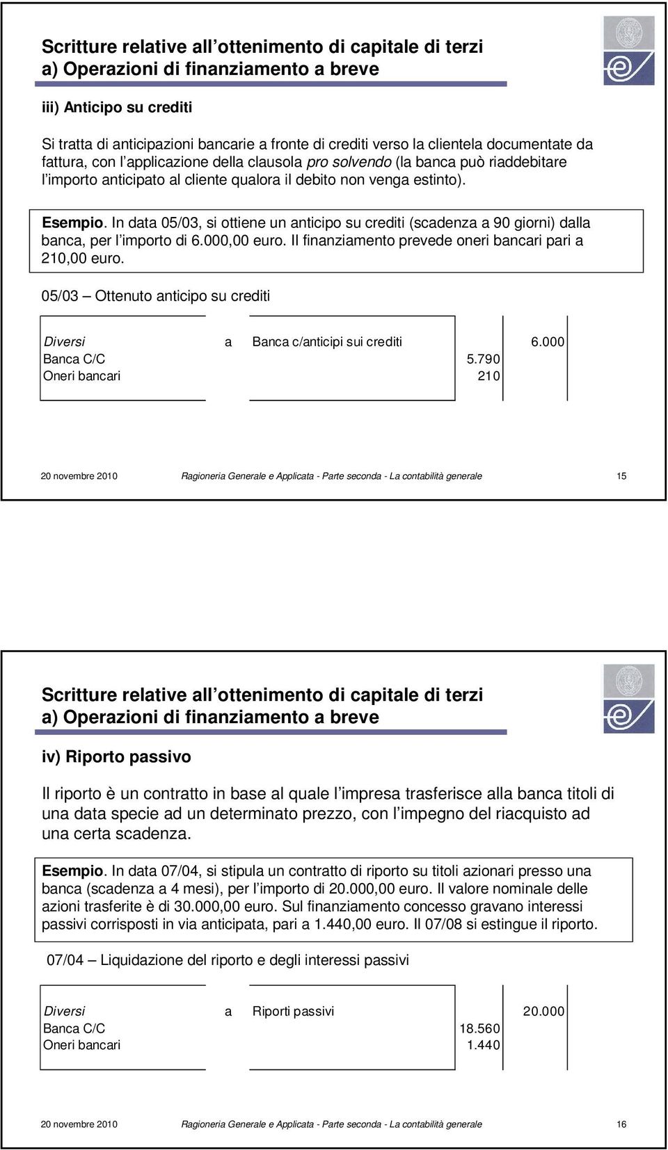 In data 05/03, si ottiene un anticipo su crediti (scadenza a 90 giorni) dalla banca, per l importo di 6.000,00 euro. Il finanziamento prevede oneri bancari pari a 210,00 euro.