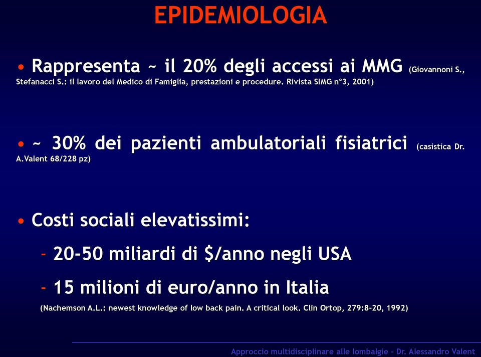 Rivista SIMG n 3, 2001) ~ 30% dei pazienti ambulatoriali fisiatrici (casistica Dr. A.