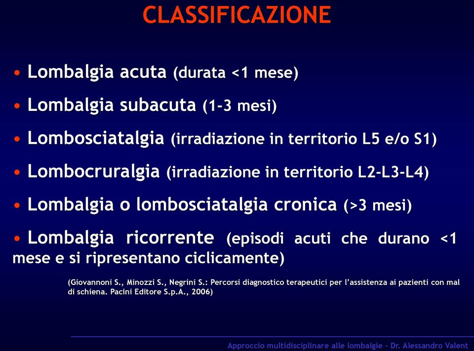mesi) Lombalgia ricorrente (episodi acuti che durano <1 mese e si ripresentano ciclicamente) (Giovannoni S.