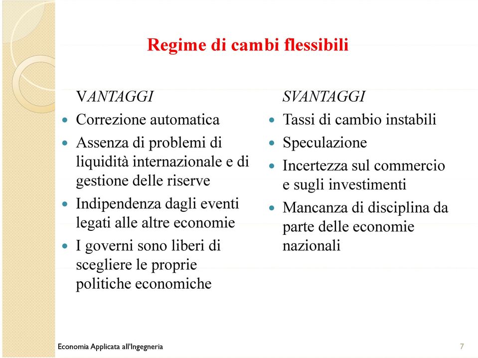 le proprie politiche economiche SVANTAGGI Tassi di cambio instabili Speculazione Incertezza sul commercio e