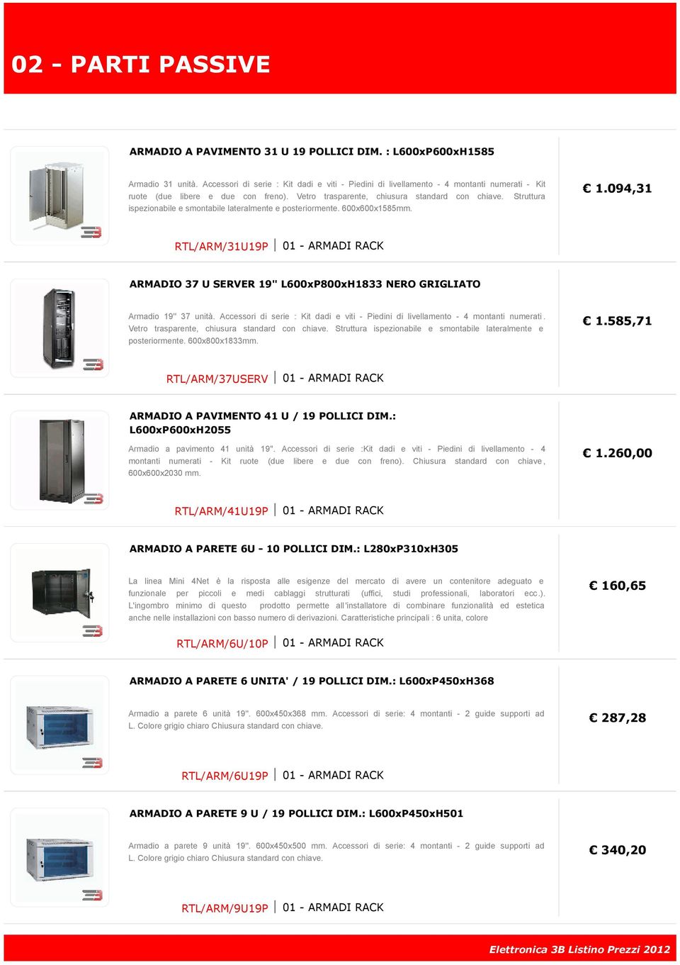 Struttura ispezionabile e smontabile lateralmente e posteriormente. 600x600x1585mm. 1.094,31 RTL/ARM/31U19P ARMADIO 37 U SERVER 19" L600xP800xH1833 NERO GRIGLIATO Armadio 19'' 37 unità.