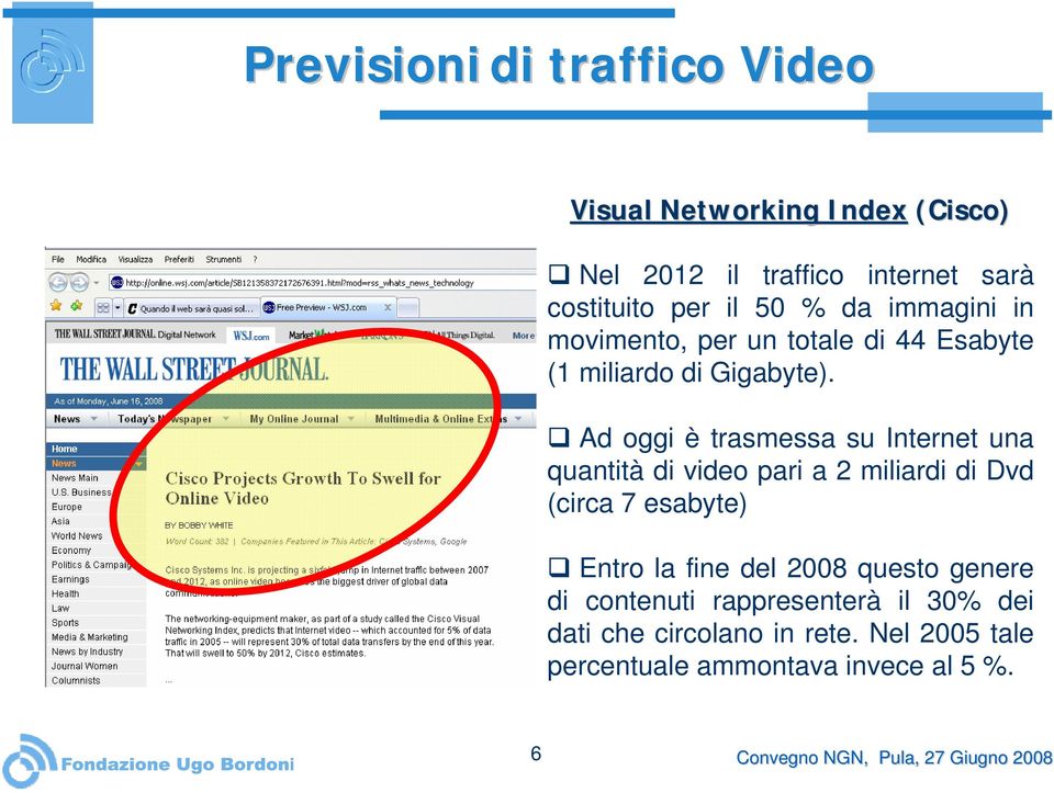 Ad oggi è trasmessa su Internet una quantità di video pari a 2 miliardi di Dvd (circa 7 esabyte) Entro la fine