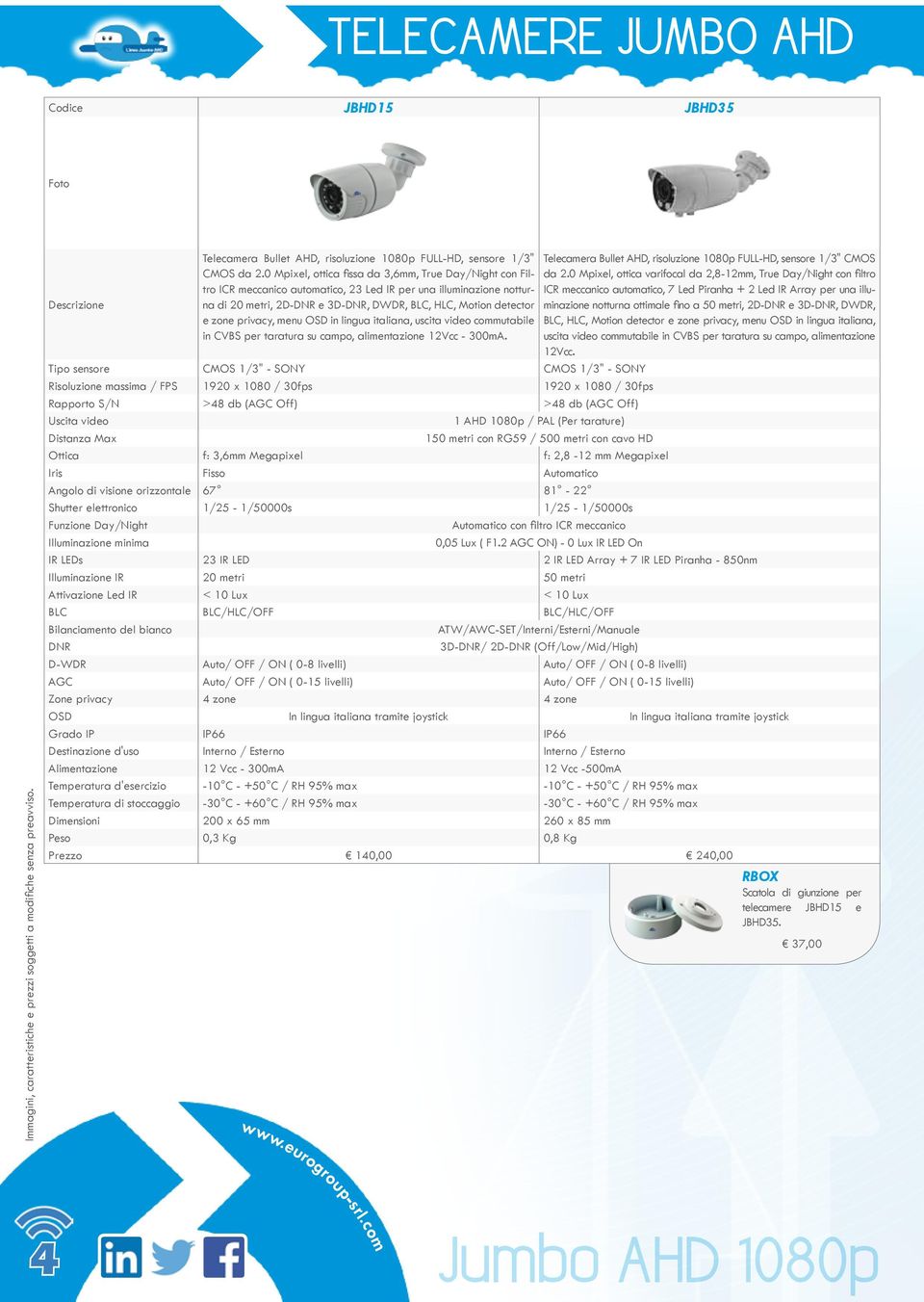 privacy, menu OSD in lingua italiana, uscita video commutabile in CVBS per taratura su campo, alimentazione 12Vcc - 300mA. Telecamera Bullet AHD, risoluzione 1080p FULL-HD, sensore 1/3" CMOS da 2.