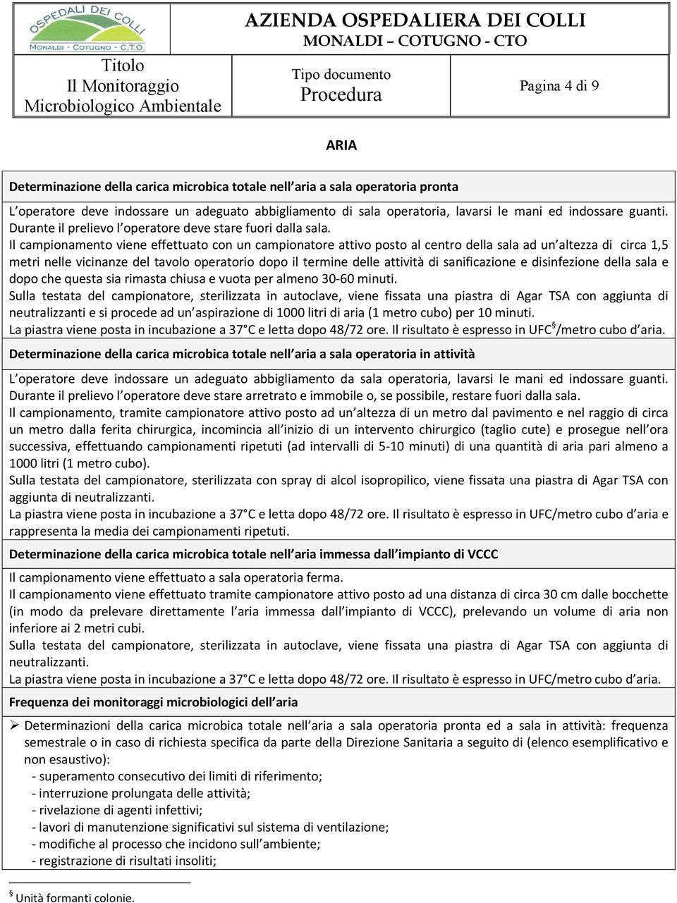 Il campionamento viene effettuato con un campionatore attivo posto al centro della sala ad un altezza di circa 1,5 metri nelle vicinanze del tavolo operatorio dopo il termine delle attività di