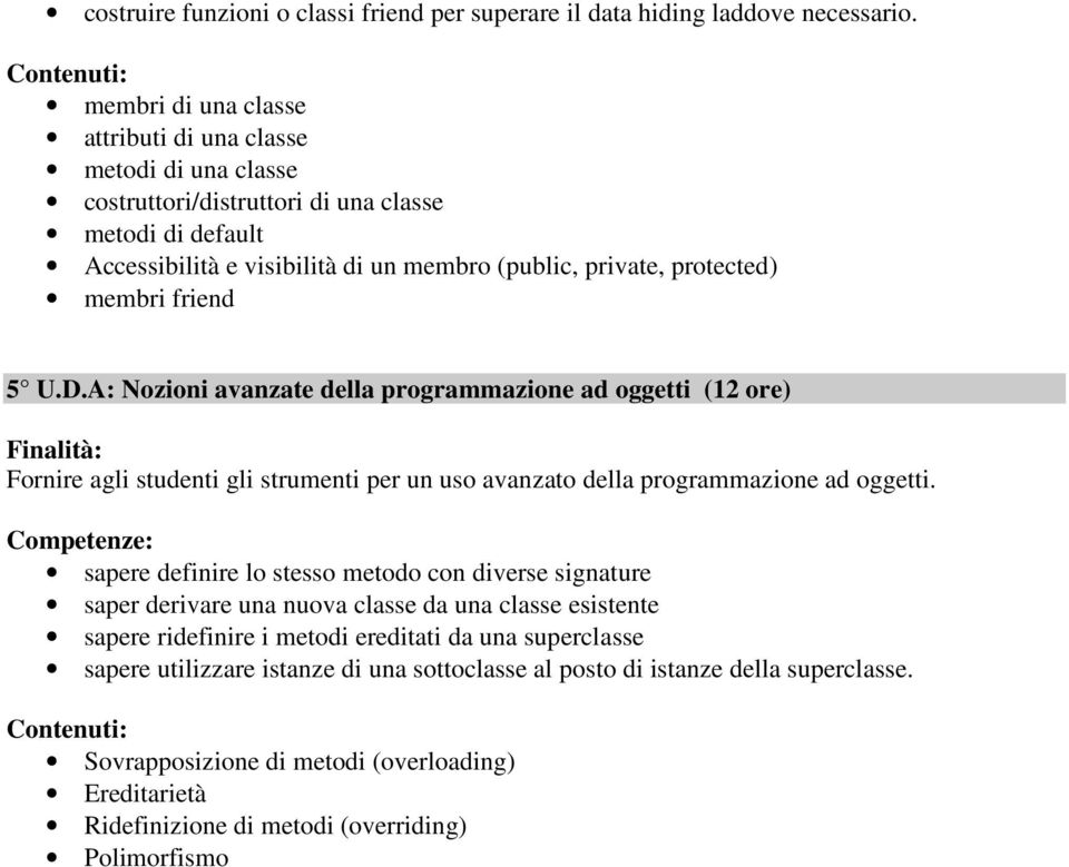 friend 5 U.D.A: Nozioni avanzate della programmazione ad oggetti (12 ore) Fornire agli studenti gli strumenti per un uso avanzato della programmazione ad oggetti.