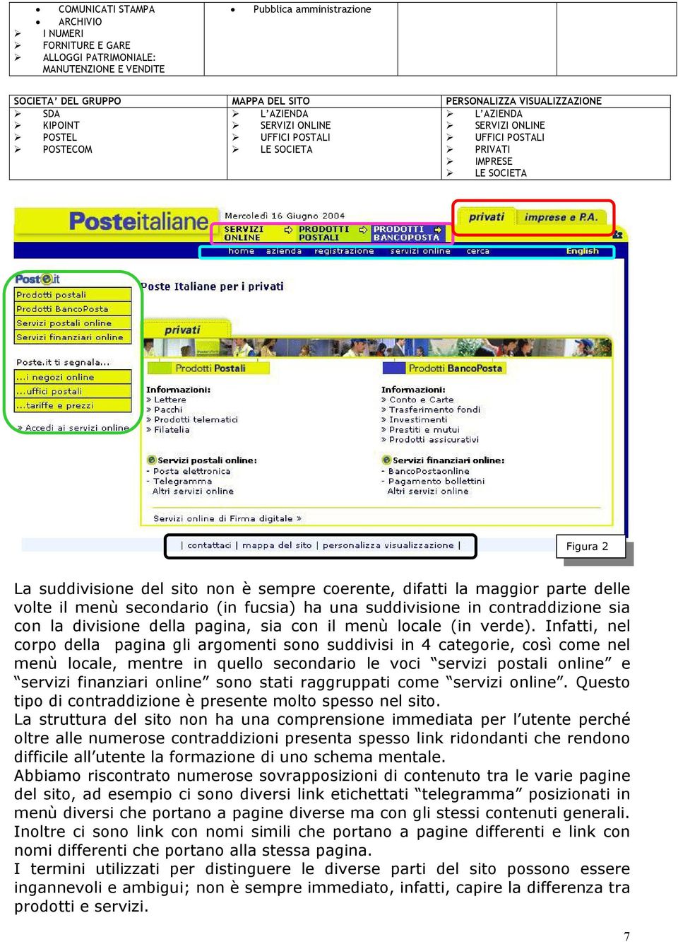 maggior parte delle volte il menù secondario (in fucsia) ha una suddivisione in contraddizione sia con la divisione della pagina, sia con il menù locale (in verde).