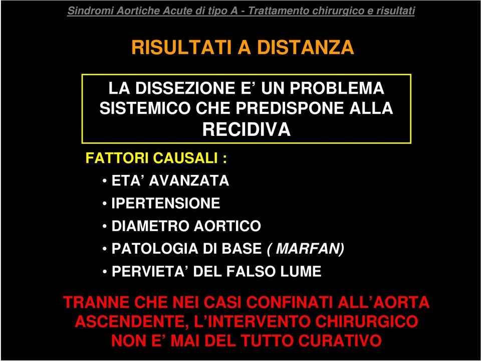 PATOLOGIA DI BASE ( MARFAN) PERVIETA DEL FALSO LUME TRANNE CHE NEI CASI