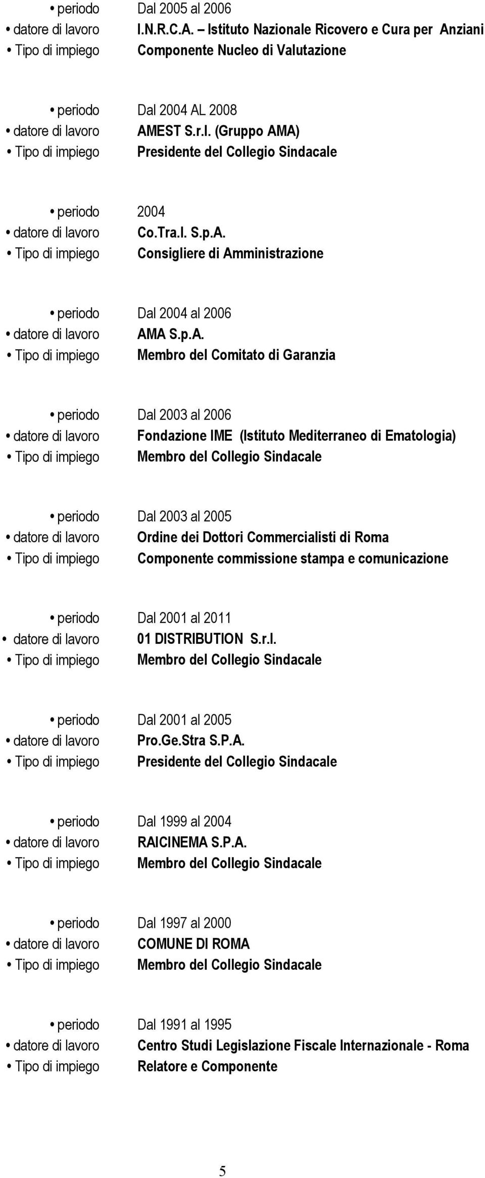 A) periodo 2004 datore di lavoro Co.Tra.I. S.p.A. Tipo di impiego Consigliere di Amministrazione periodo Dal 2004 al 2006 datore di lavoro AMA S.p.A. Tipo di impiego Membro del Comitato di Garanzia