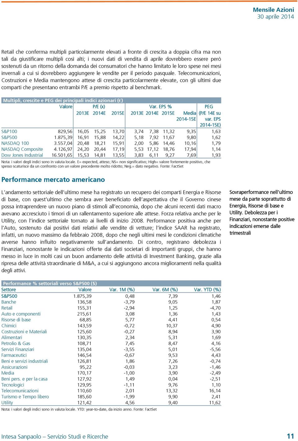 Telecomunicazioni, Costruzioni e Media mantengono attese di crescita particolarmente elevate, con gli ultimi due comparti che presentano entrambi P/E a premio rispetto al benchmark.