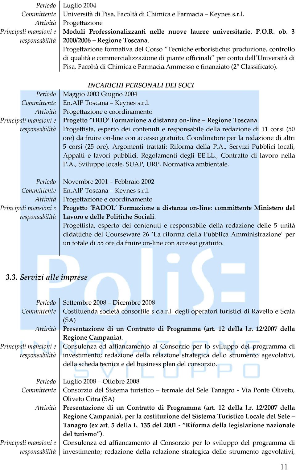 Ammesso e finanziato (2 Classificato). INCARICHI PERSONALI DEI SOCI Maggio 2003 Giugno 2004 En.AIP Toscana Keynes s.r.l. Progettazione e coordinamento Progetto TRIO Formazione a distanza on-line Regione Toscana.