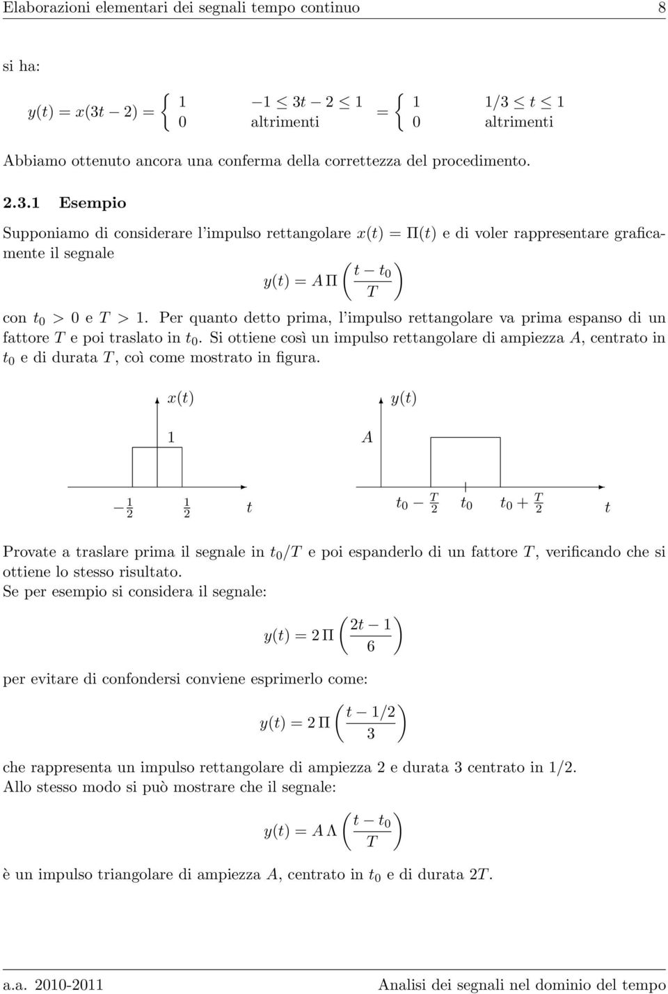 x() A y() T + T Provae a raslare prima il segale i /T e poi espaderlo di u faore T, verificado che si oiee lo sesso risulao.