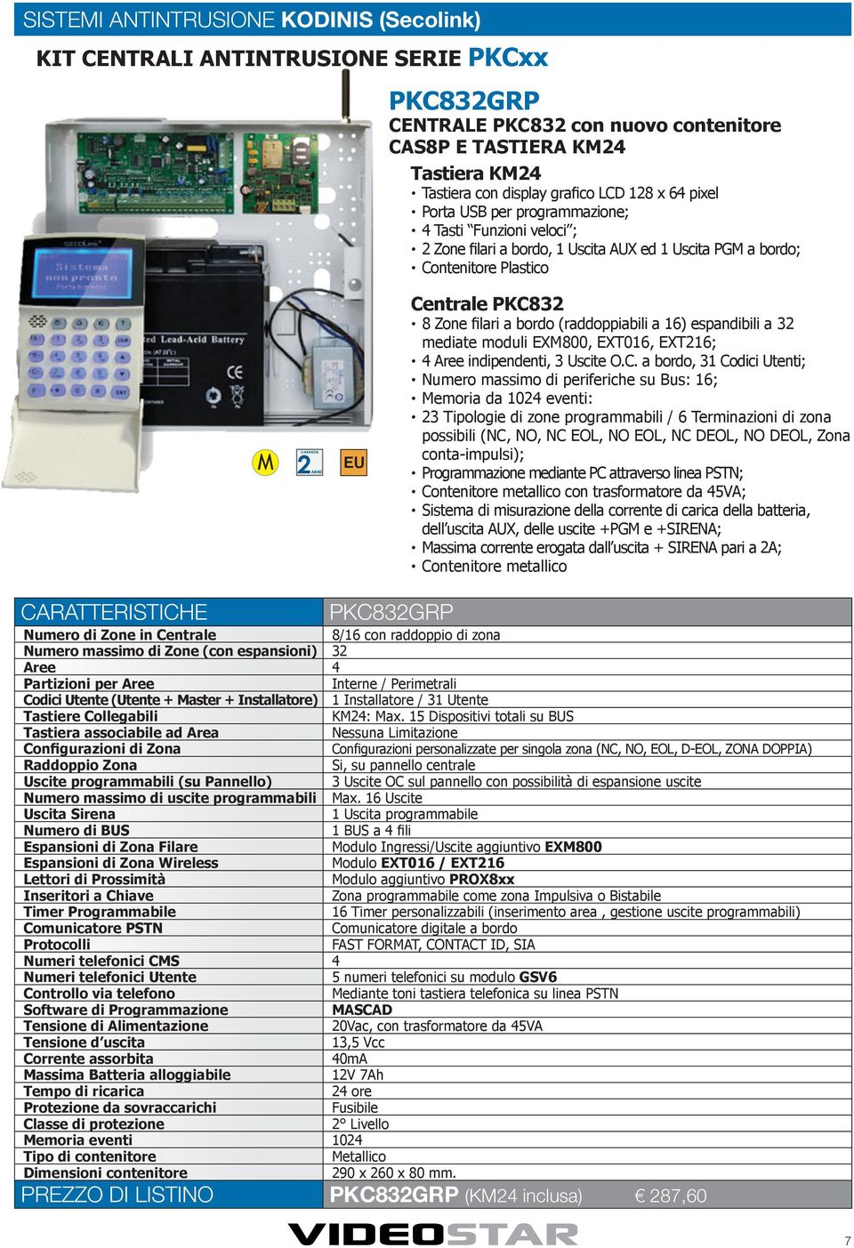 espandibili a 32 mediate moduli X800, XT016, XT216; 4 Aree indipendenti, 3 Uscite O.C.