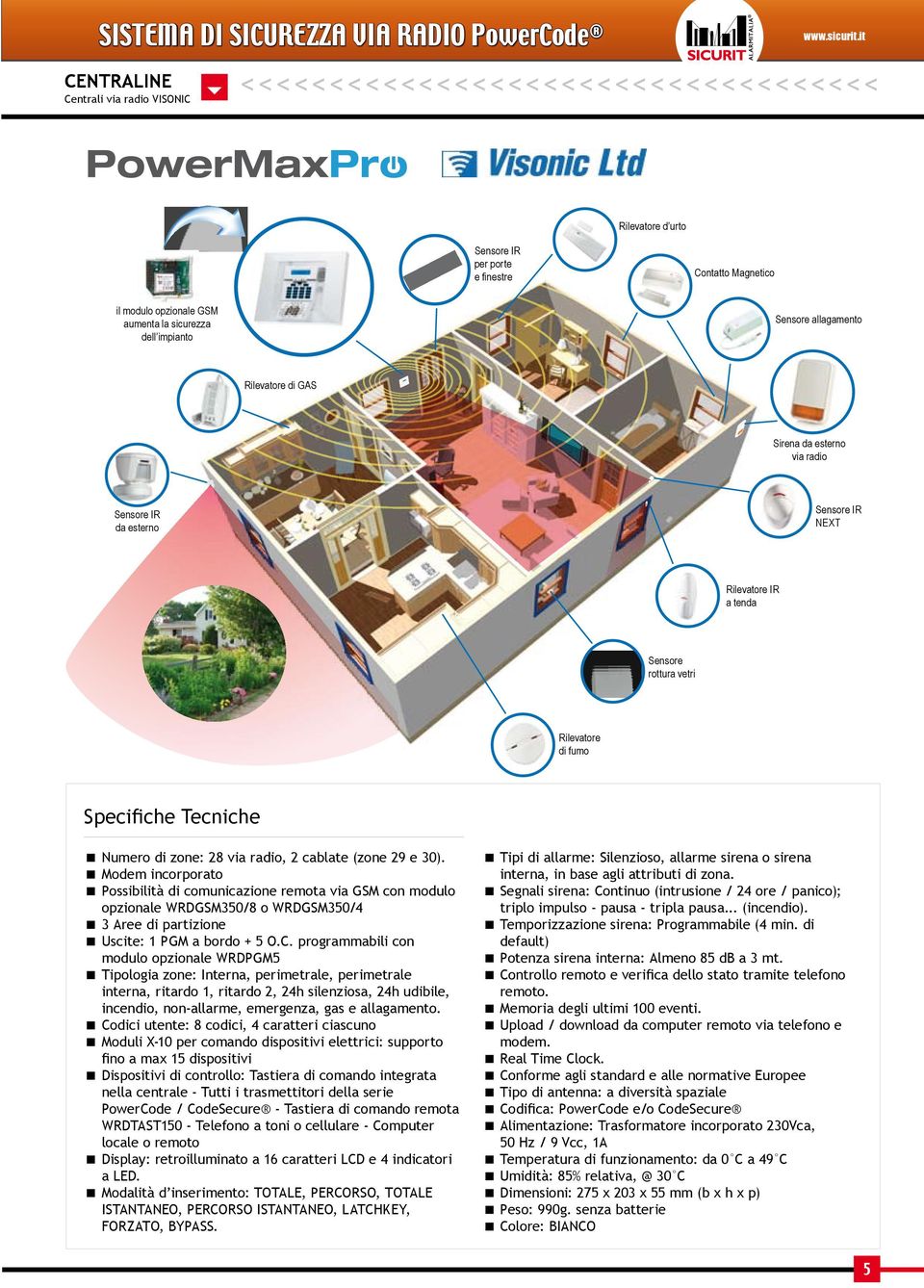 di GAS Sirena da esterno via radio Sensore IR da esterno Sensore IR NEXT Rilevatore IR a tenda Sensore rottura vetri Rilevatore di fumo Numero di zone: 28 via radio, 2 cablate (zone 29 e 30).