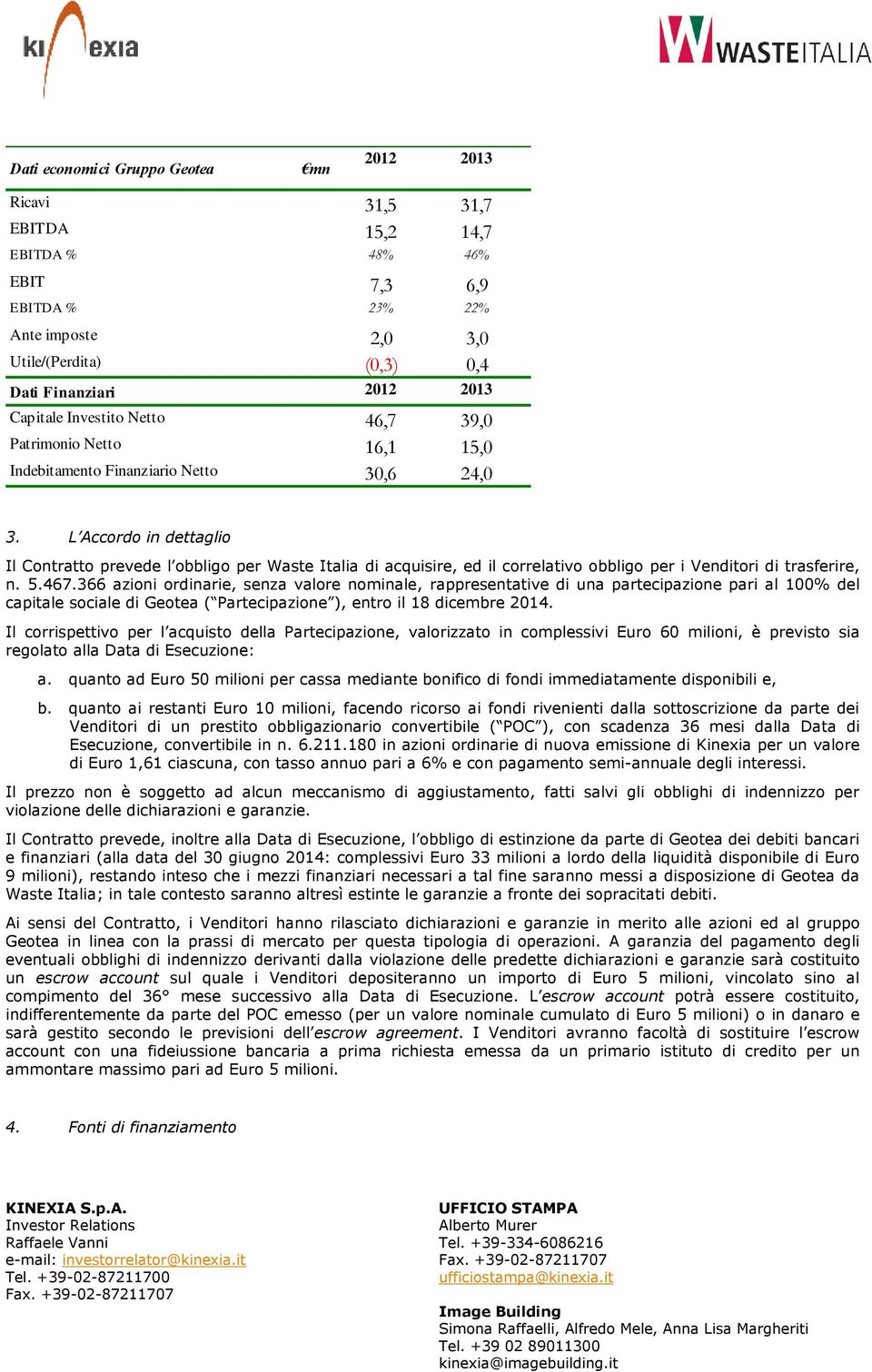 L Accordo in dettaglio Il Contratto prevede l obbligo per Waste Italia di acquisire, ed il correlativo obbligo per i Venditori di trasferire, n. 5.467.