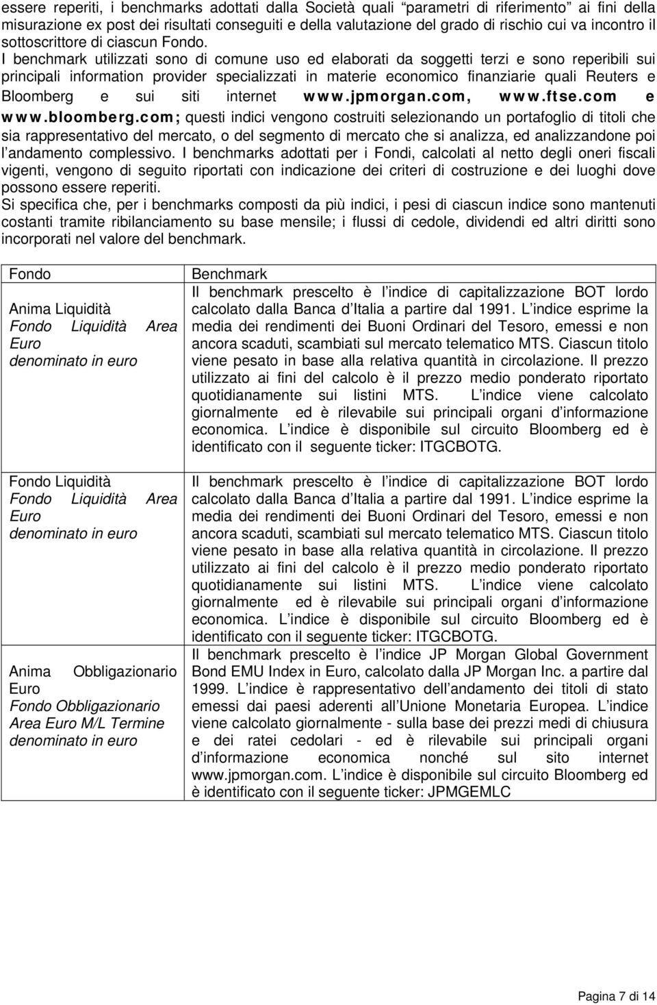 I benchmark utilizzati sono di comune uso ed elaborati da soggetti terzi e sono reperibili sui principali information provider specializzati in materie economico finanziarie quali Reuters e Bloomberg