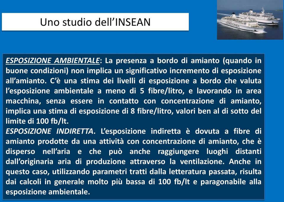 implica una stima di esposizione di 8 fibre/litro, valori ben al di sotto del limite di 100 fb/lt. ESPOSIZIONE INDIRETTA.