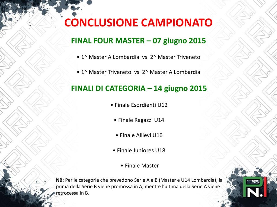 Finale Allievi U16 Finale Juniores U18 Finale Master NB: Per le categorie che prevedono Serie A e B (Master e