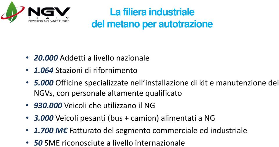 000 Officine specializzate nell installazione di kit e manutenzione dei NGVs, con personale altamente