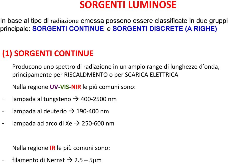 principamente per RISCALDMENTO o per SCARICA ELETTRICA Nella regione UV-VIS-NIR le più comuni sono: - lampada al tungsteno