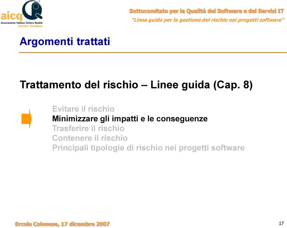 Trasferire il rischio Contenere il rischio Principali tipologie