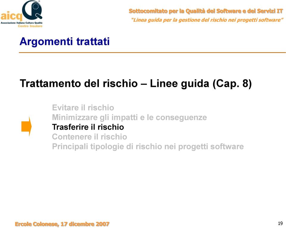 Trasferire il rischio Contenere il rischio Principali tipologie