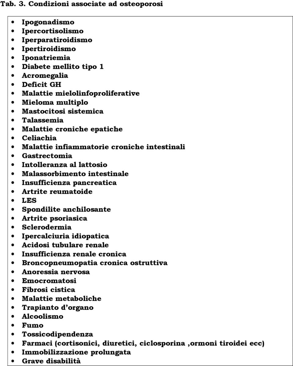 multiplo Mastocitosi sistemica Talassemia Malattie croniche epatiche Celiachia Malattie infiammatorie croniche intestinali Gastrectomia Intolleranza al lattosio Malassorbimento intestinale