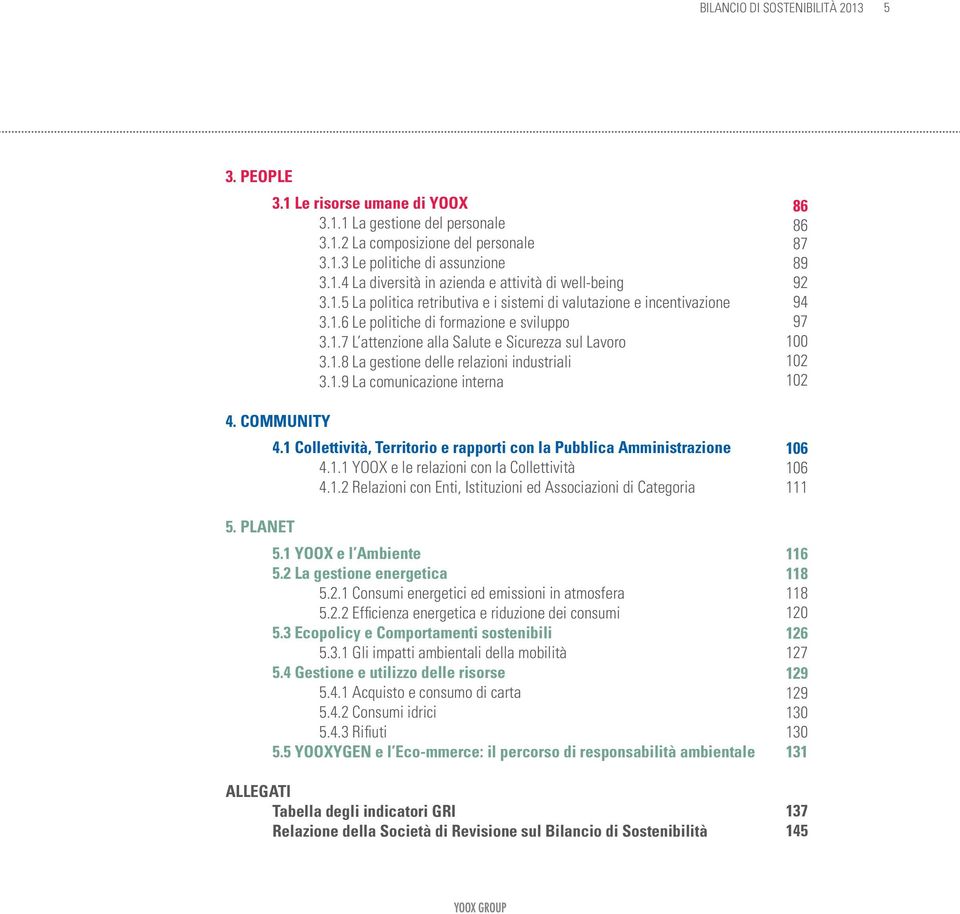 1.9 La comunicazione interna 4. Community 4.1 Collettività, Territorio e rapporti con la Pubblica Amministrazione 4.1.1 YOOX e le relazioni con la Collettività 4.1.2 Relazioni con Enti, Istituzioni ed Associazioni di Categoria 5.