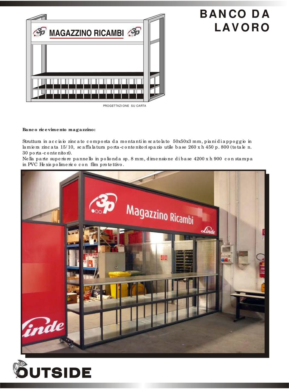 porta-contenitori spazio utile base 260 x h 450 p. 800 (totale n. 30 porta-contenitori).