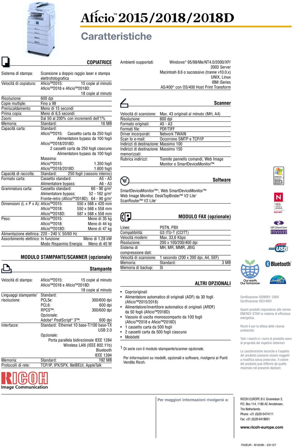 Capacità carta: Standard: Aficio 2015: Cassetto carta da 250 fogli Alimentatore bypass da 100 fogli Aficio 2018/2018D: 2 cassetti carta da 250 fogli ciascuno Alimentatore bypass da 100 fogli Massima: