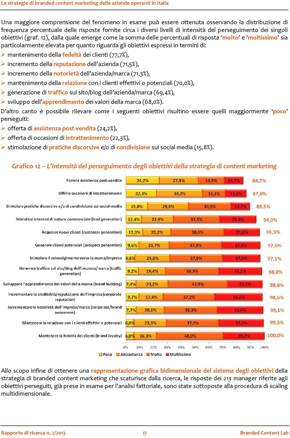 12), dalla quale emerge come la somma delle percentuali di risposta molto e moltissimo sia particolarmente elevata per quanto riguarda gli obiettivi espressi in termini di: mantenimento della fedeltà