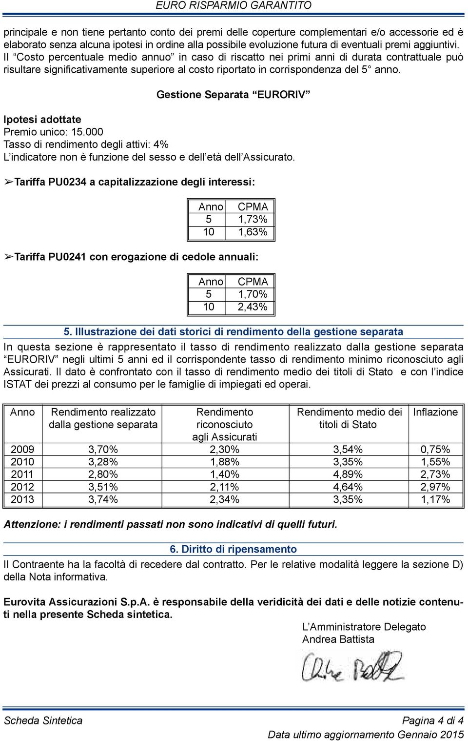 Gestione Separata EURORIV Ipotesi adottate Premio unico: 15.000 Tasso di rendimento degli attivi: 4% L indicatore non è funzione del sesso e dell età dell Assicurato.