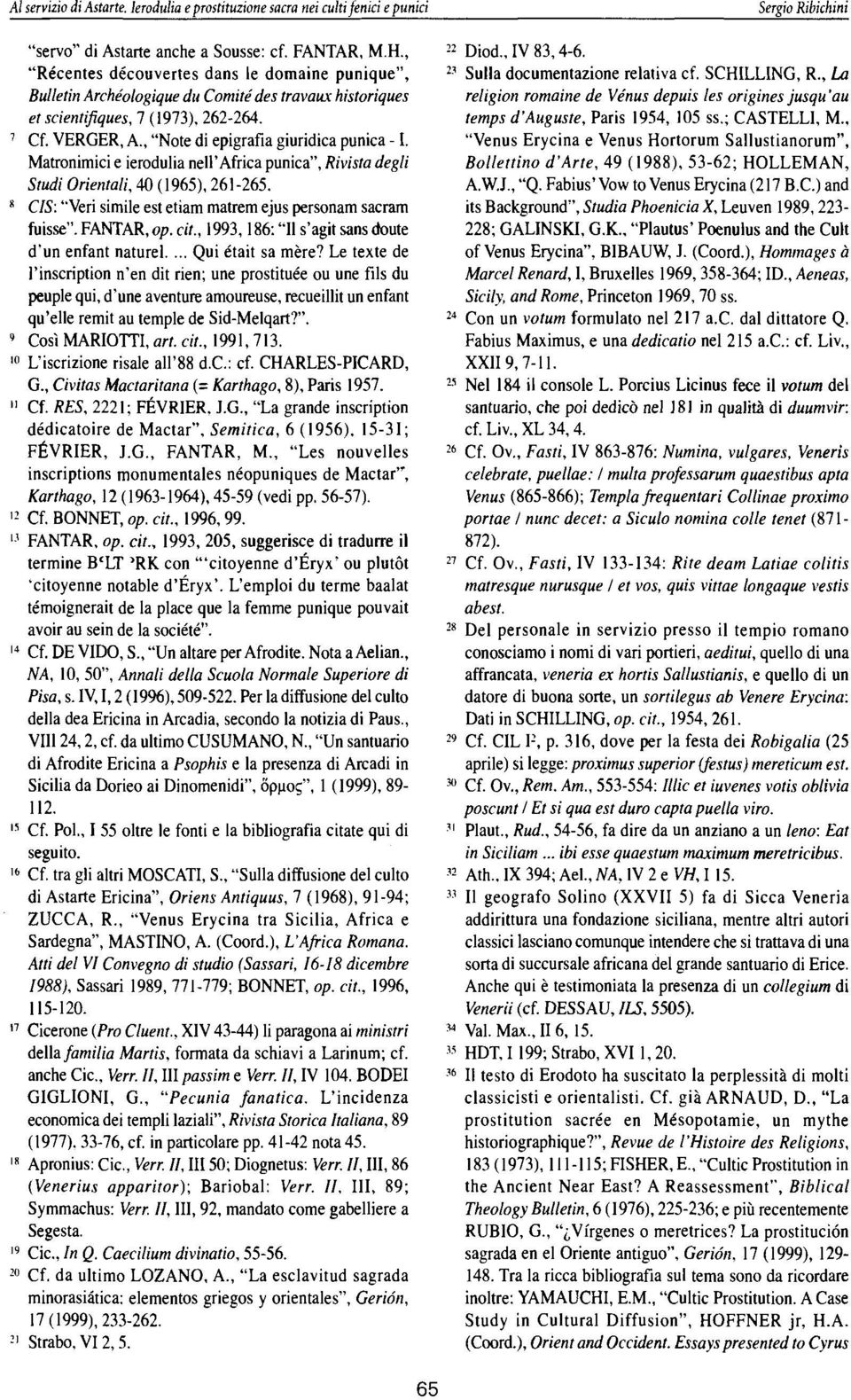 Matronimici e ìerodulia nell'africa punica", Rivista degli Studi Orientali, 40 (1965), 261-265. * CIS: "Veri simile est etiam matrem ejus personam sacram fuisse". FANTAR, op. cit.