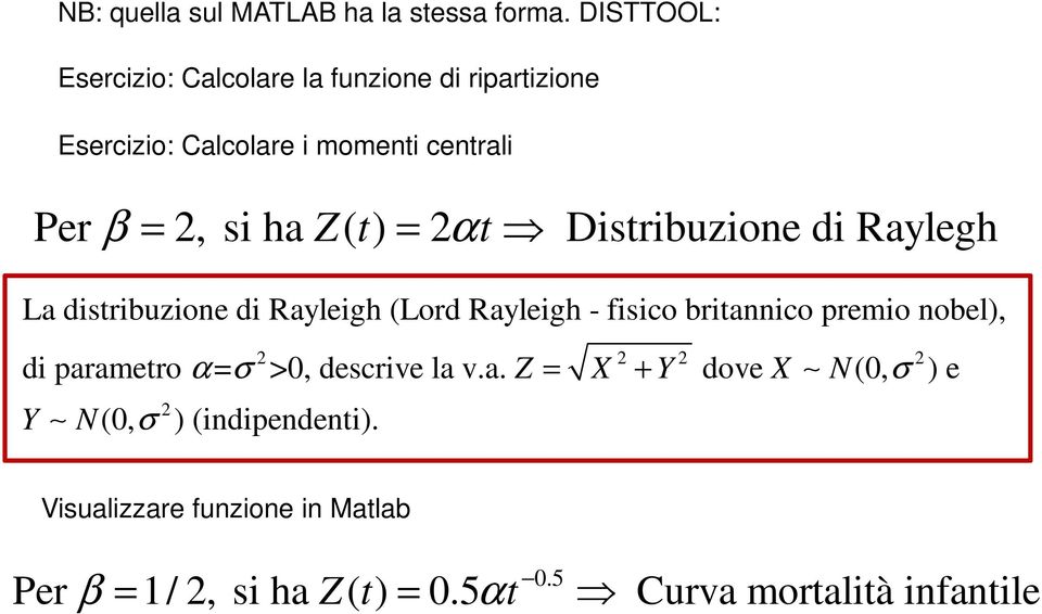 t) = 2 αt Distribuzione di Raylegh La distribuzione di Rayleigh (Lord Rayleigh - fisico britannico premio nobel), α σ 2