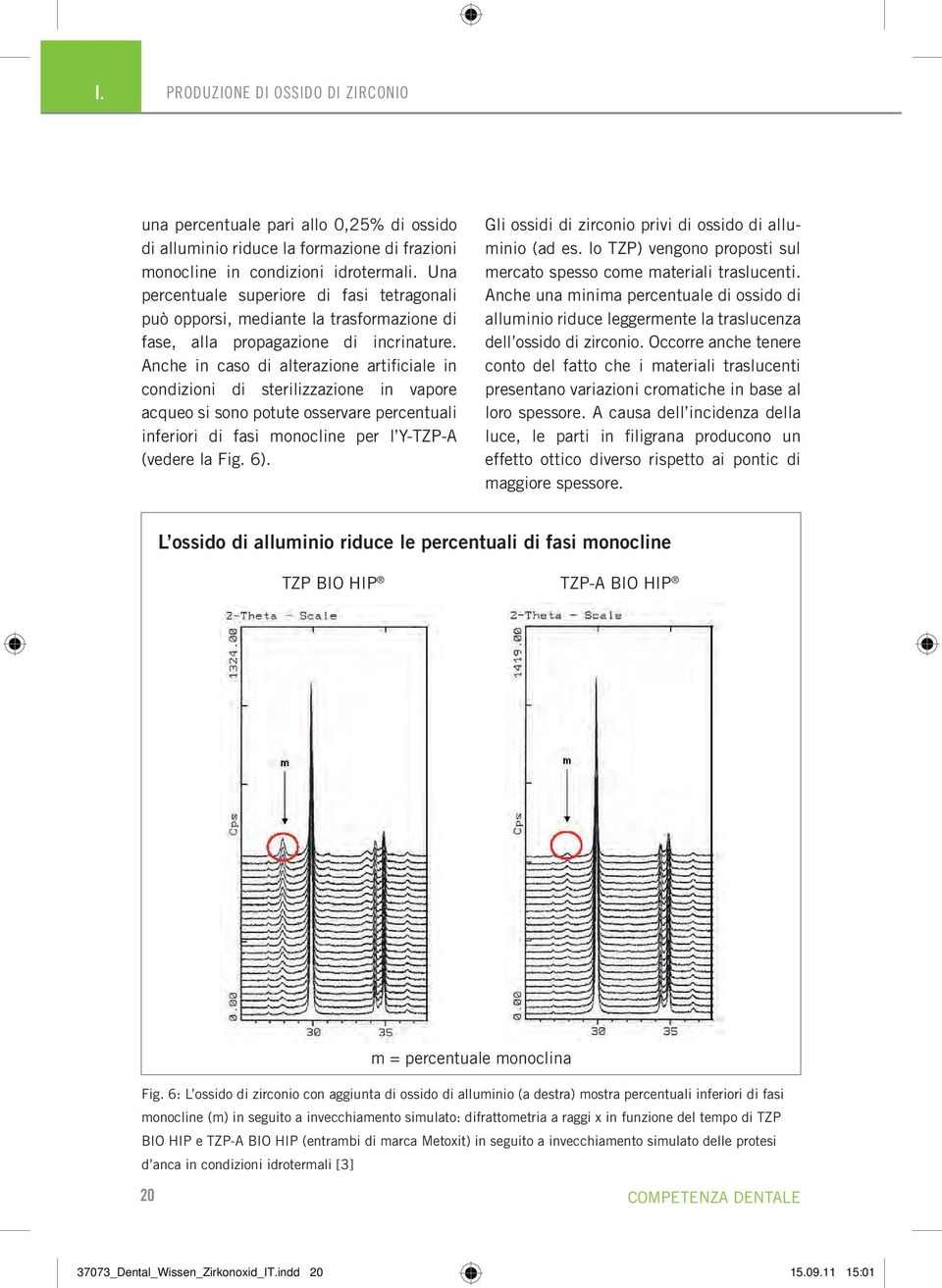 Anche in caso di alterazione artificiale in condizioni di sterilizzazione in vapore acqueo si sono potute osservare percentuali inferiori di fasi monocline per l Y-TZP-A (vedere la Fig. 6).