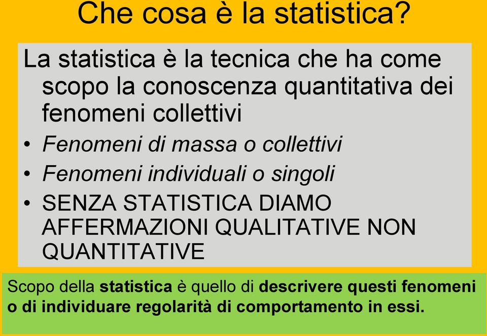 collettivi Fenomeni di massa o collettivi Fenomeni individuali o singoli SENZA STATISTICA