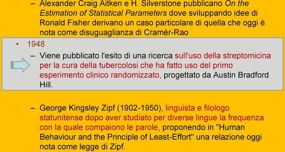 disuguaglianza di Cramér-Rao Viene pubblicato l'esito di una ricerca sull'uso della streptomicina per la cura della tubercolosi che ha fatto uso del primo esperimento