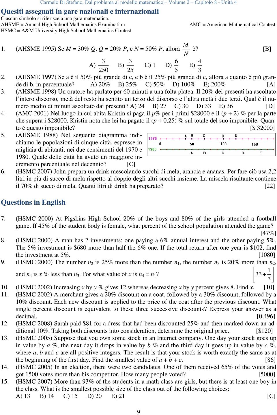 (AHSME 1995) Se M = 30% Q, Q = 20% P, e N = 50% P, allora M N è? [B] 3 A) B) 3 C) 1 D) 6 E) 4 250 25 5 3 2.